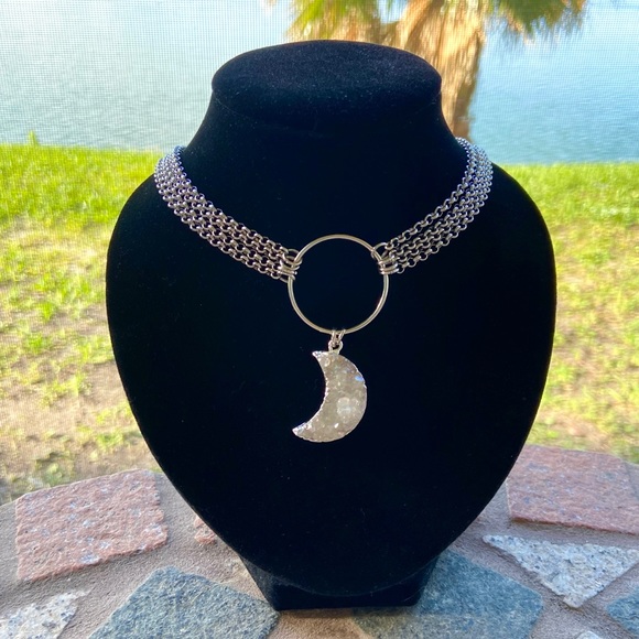 Moon crystal necklace . Stainless steel chains druzy aura quartz moon charm boho - Picture 7 of 15